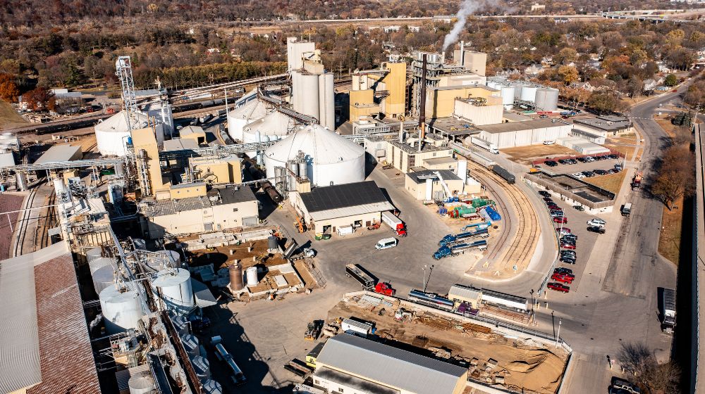 Aerial image of a soybean processing plant.
